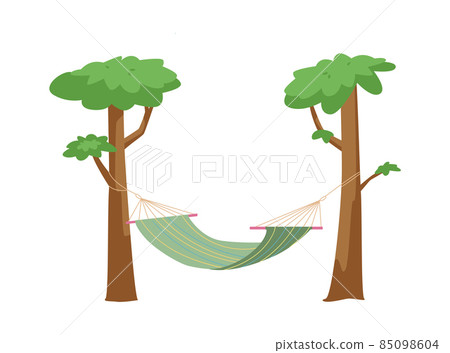 Hammock bed suspended by cords between trees, flat vector illustration isolated. 85098604