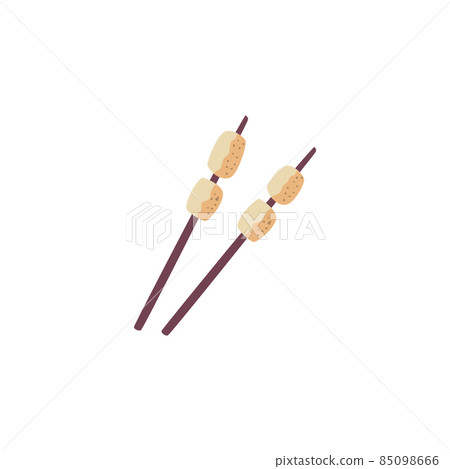 Campfire roasted marshmallow on wooden stick, flat vector illustration isolated on white background. Campfire roasted marshmallow on wooden stick, flat vector illustration isolated on white background. 85098666
