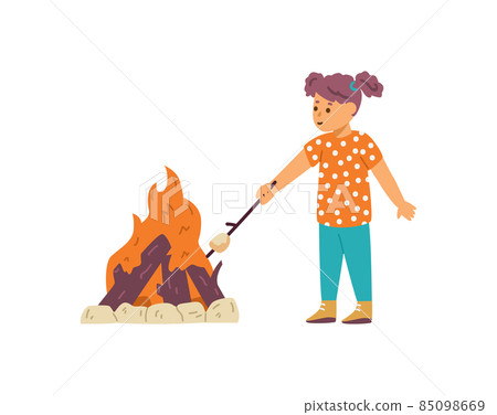 Little girl fries marshmallows on stake, flat vector illustration on white. Little girl fries marshmallows on stake, flat vector illustration on white. 85098669