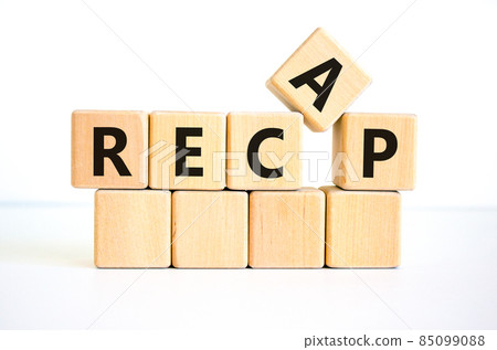 Recap symbol. The concept word 'recap' on wooden cubes on beautiful white table, white background, copy space. Business and recap concept. Recap symbol. The concept word 'recap' on wooden cubes on beautiful white table, white background, copy space. Business and recap concept. 85099088