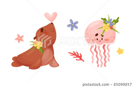 Sea animals in wreath of flowers set. Cute otter and jellyfish marine baby creatures with flowers vector illustration 85099857