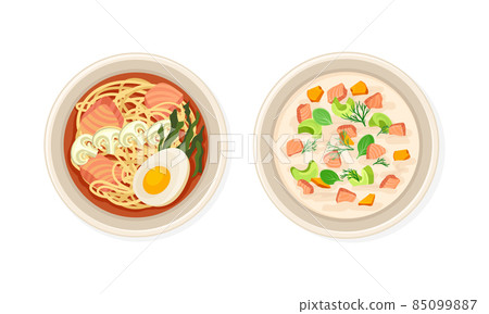 Top view of seafood dishes set. Delicious and fresh dishes served on plates with vector illustration Top view of seafood dishes set. Delicious and fresh dishes served on plates with vector illustration 85099887