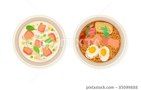 Top view of seafood dishes set. Soup with salmon slices, corn and noodles served on plates vector illustration 85099888