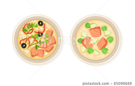 Top view of seafood dishes set. Soup with salmon slices, rice and vegetables served on plates vector illustration 85099889