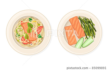 Top view of seafood dishes set. Salmon fish with spaghetti and vegetables served on plates vector illustration 85099891