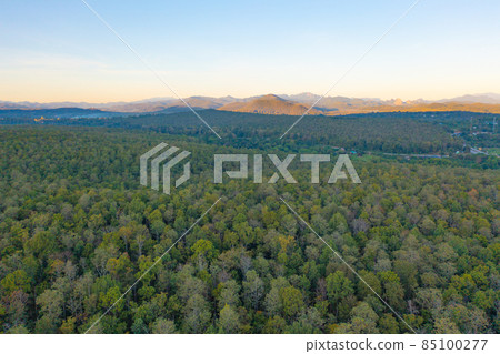 Aerial top view of lush green trees from above in tropical forest in national park and mountain or hill in summer season in Thailand. Natural landscape. Pattern texture background. Aerial top view of lush green trees from above in tropical forest in national park and mountain or hill in summer season in Thailand. Natural landscape. Pattern texture background. 85100277