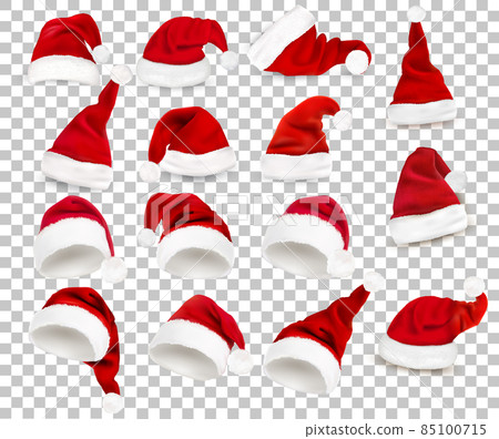 Mega collection of red santa hats on transparent background. Vector. 85100715