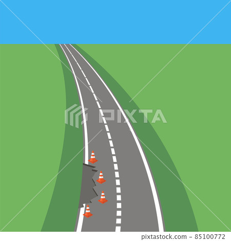 Striped Red Traffic Cone Icon on Grey Road Background 85100772