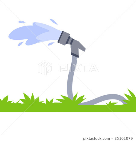 Hose. Jet of water. Grey tube. Green lawn and grass. Flat cartoon illustration. Fire fighting and watering of lawn 85101079