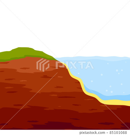 Water shore. Land in cross section. Coast of pond and bottom of lake. Ecology and geology. Flat cartoon illustration Water shore. Land in cross section. Coast of pond and bottom of lake. Ecology and geology. Flat cartoon illustration 85101088