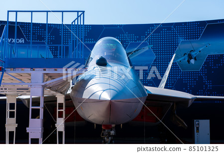 fifth-generation promising Russian multi-functional fighter Sukhoi Su-57 at the International Aviation and Space Salon MAKS 2019. fifth-generation promising Russian multi-functional fighter Sukhoi Su-57 at the International Aviation and Space Salon MAKS 2019. 85101325