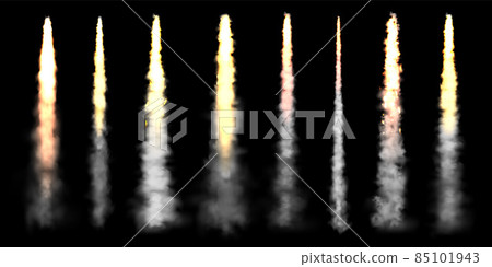 Realistic space rocket launch trails on black background. Fire burst, explosion. Missile or bullet 85101943