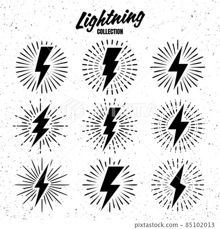 Set of vintage lightning bolts and sunrays on grunge background. Lightnings with sunburst effect Set of vintage lightning bolts and sunrays on grunge background. Lightnings with sunburst effect 85102013