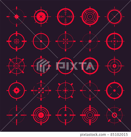 Crosshair, gun sight vector icons. Bullseye, red target or aim symbol. Military rifle scope Crosshair, gun sight vector icons. Bullseye, red target or aim symbol. Military rifle scope 85102015