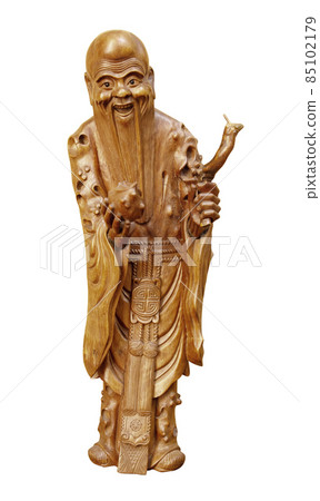 Wood statue of japan lucky god, God of prolonging life longevity Fukurokuju isolated on white background 85102179