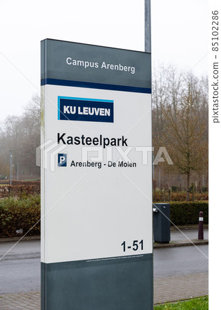 Heverlee, Flanders, Belgium, 12 18 2021: Sign of the De Molen campus of the Catholic university of Leuven Heverlee, Flanders, Belgium, 12 18 2021: Sign of the De Molen campus of the Catholic university of Leuven 85102286