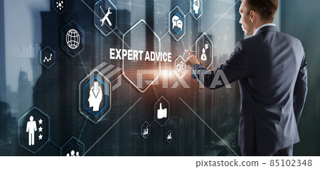 Expert advice. Businessman hand touching inscription on virtual screen Expert advice. Businessman hand touching inscription on virtual screen 85102348