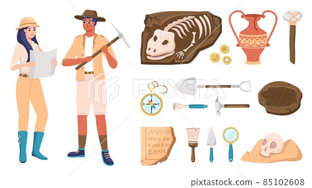 Cartoon archeology. Ancient artifacts and extinct animal fossils. Archaeologists and tools. Spatulas and compass. Brushes or spatulas. Vases and skull. Vector excavation elements set 85102608