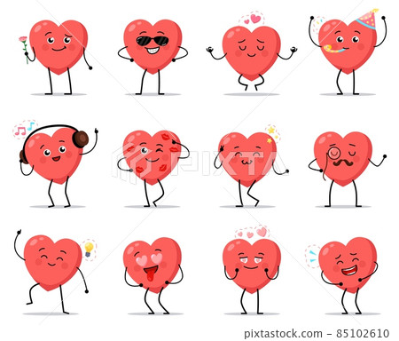 Cute heart characters. Funny love signs mascots in different poses. Positive emotions. Smiling romantic holiday symbols. Isolated Valentine icons actions. Vector happy amour avatars set Cute heart characters. Funny love signs mascots in different poses. Positive emotions. Smiling romantic holiday symbols. Isolated Valentine icons actions. Vector happy amour avatars set 85102610