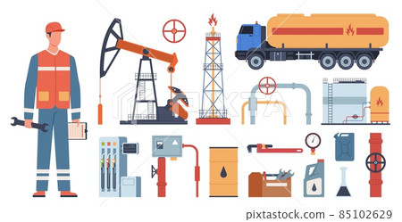 Oil and gas industry. Petroleum extraction equipment. Worker in uniform. Gasoline production technology. Fuel transportation. Tanks or pump. Petrol station. Vector industrial tools set Oil and gas industry. Petroleum extraction equipment. Worker in uniform. Gasoline production technology. Fuel transportation. Tanks or pump. Petrol station. Vector industrial tools set 85102629