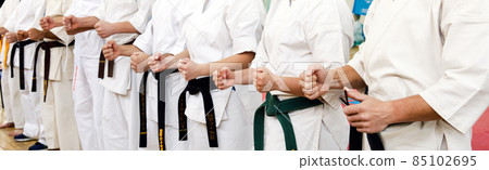 Karate master in a white kimono and with a black belt, stands in front of the formation of his students. Martial arts school in training in the gym. 85102695