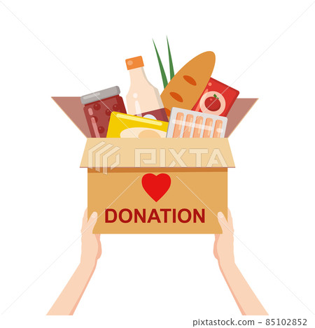 Hands hold a donation box with food charity. Canned, bread, drinks. With text banner donate. Cartoon vector illustration Hands hold a donation box with food charity. Canned, bread, drinks. With text banner donate. Cartoon vector illustration 85102852