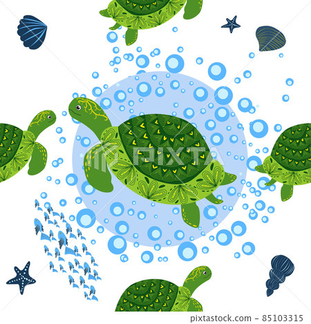 Turtle green seamless pattern, beautiful character among seashells, seaweed, starfish, sea animals wildlife nature. Nature underwater, marine wild fish in the ocean zoo 85103315