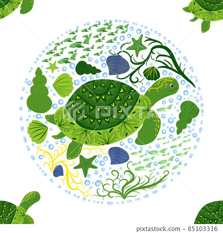 Turtle green seamless pattern, beautiful character among seashells, seaweed, starfish, sea animals wildlife nature. Nature underwater, marine wild fish in the ocean zoo 85103316