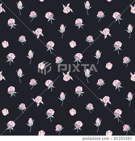 Vintage pink peonies with branches seamless pattern isolated. Watercolor hand drawn floral illustration on a dark background. For mother, birthday, valentine, love cards, linen, wrapping. Vintage pink peonies with branches seamless pattern isolated. Watercolor hand drawn floral illustration on a dark background. For mother, birthday, valentine, love cards, linen, wrapping. 85103383