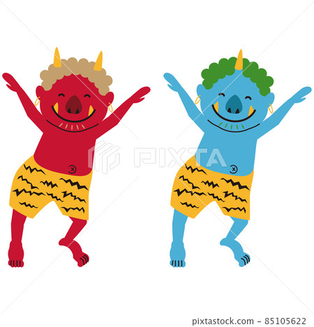 Dancing red demon and blue demon smile setsubun pho 85105622
