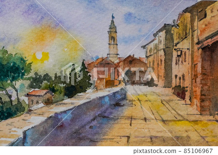 Tuscan watercolor landscape painting 85106967