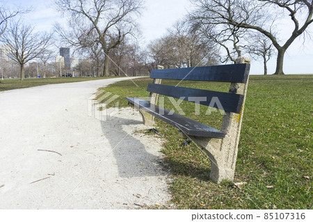 Burnham Shores Park by lake Michigan in Chicago, spring landscape of green field. 85107316