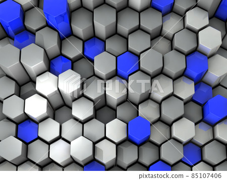 A collection of densely packed blue and gray hexagonal columns. A bumpy honeycomb structure. 3D rendering. A collection of densely packed blue and gray hexagonal columns. A bumpy honeycomb structure. 3D rendering. 85107406