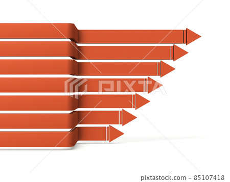 Multiple arrows that continue to move forward to the right after twists and turns. A concept that represents the progress of a project. White background. 85107418