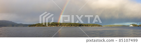 Double Rainbow in the cloudy sky over the pacific ocean and Gulf Islands Double Rainbow in the cloudy sky over the pacific ocean and Gulf Islands 85107499