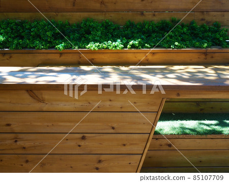 A seating area of wooden stepped seats with decorative plants in between located in the shade in the park 85107709