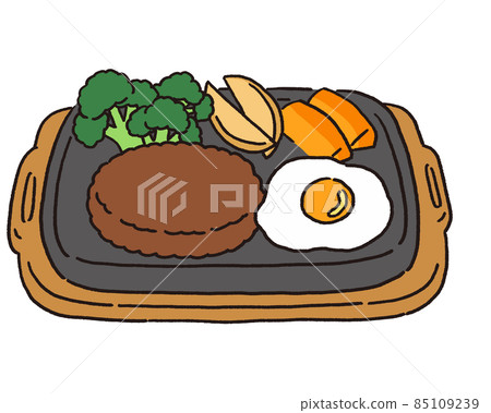 Plate with fried egg and hamburger, broccoli, french fries and carrot glasse Plate with fried egg and hamburger, broccoli, french fries and carrot glasse 85109239