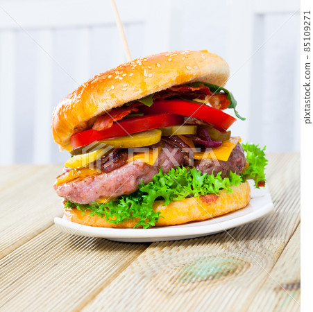Double tasty hamburger with beef cutlet, fresh vegetables and cheese 85109271