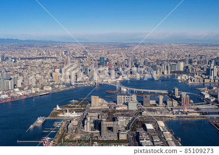 從東京江東區附近的天空看到的冬季東京塔和城市景觀 85109273