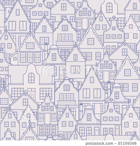 Old european city. Holland houses facades in traditional Dutch style. The Decorative Architecture of Amsterdam. Seamless pattern. Background Old european city. Holland houses facades in traditional Dutch style. The Decorative Architecture of Amsterdam. Seamless pattern. Background 85109306