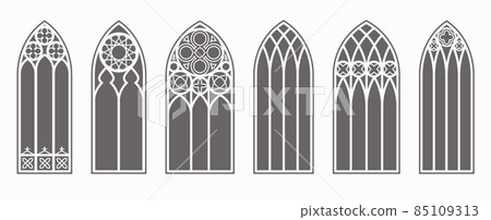 Gothic windows outline set. Silhouette of vintage stained glass church frames. Element of traditional european architecture. Vector 85109313