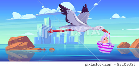 White stork carry newborn baby girl in bag, birth 85109355