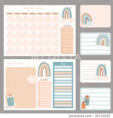 Cute planner templates - for day, week, month, to-do list. Scandinavian style organizer and schedule with notes and to-do list with rainbows and gifts. Vector illustration. A4 size. Cute planner templates - for day, week, month, to-do list. Scandinavian style organizer and schedule with notes and to-do list with rainbows and gifts. Vector illustration. A4 size. 85110393