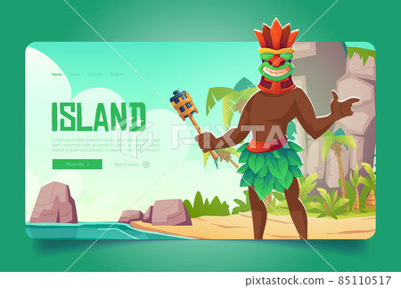 Island banner with black man in tiki mask on beach Island banner with black man in tiki mask on beach 85110517