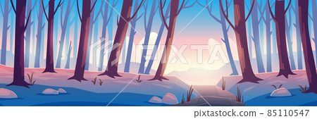 Winter forest with frozen river, trees and snow 85110547