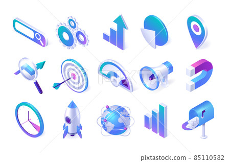Isometric seo and marketing icons 3d vector set 85110582