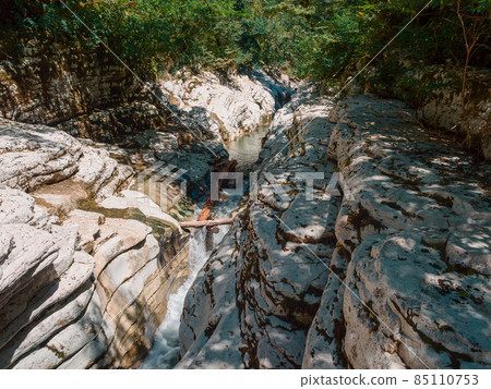 Large canyons covered with moss and forest with a river flowing between them in a narrow gorge Large canyons covered with moss and forest with a river flowing between them in a narrow gorge 85110753