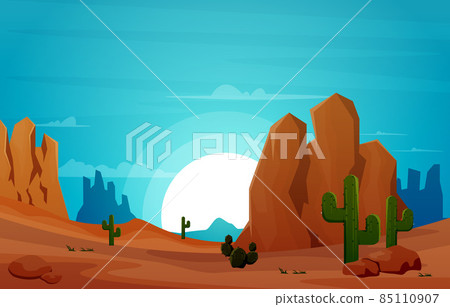Sunrise Cliff Desert Country Cactus Travel Vector Flat Design Illustration 85110907