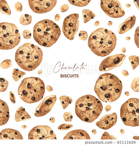 Watercolor biscuits with chocolate. Hand drawn background of baked food on white background. Template of cookies for menu, packaging and greeting card. 85111689