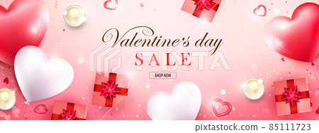 Valentine's day sale poster, composition with heart shaped balloons, scented candles, gift boxes with bow Valentine's day sale poster, composition with heart shaped balloons, scented candles, gift boxes with bow 85111723